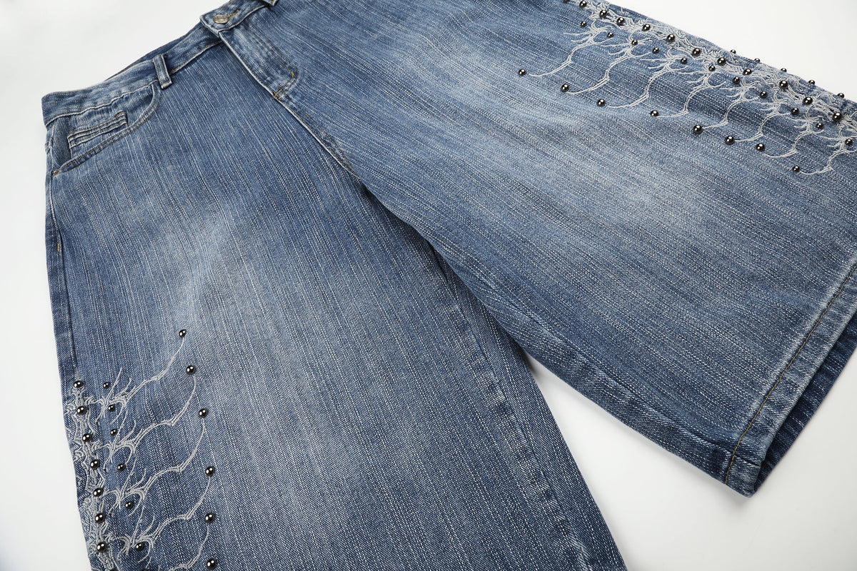 MEIM BEADED EMBROIDERY SHORTS; Blue; design detail