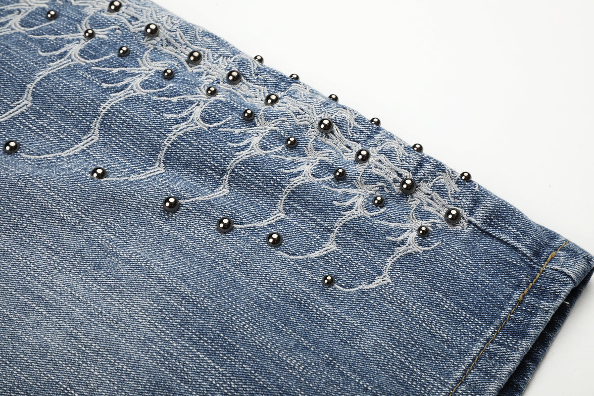 MEIM BEADED EMBROIDERY SHORTS; Blue; design detail