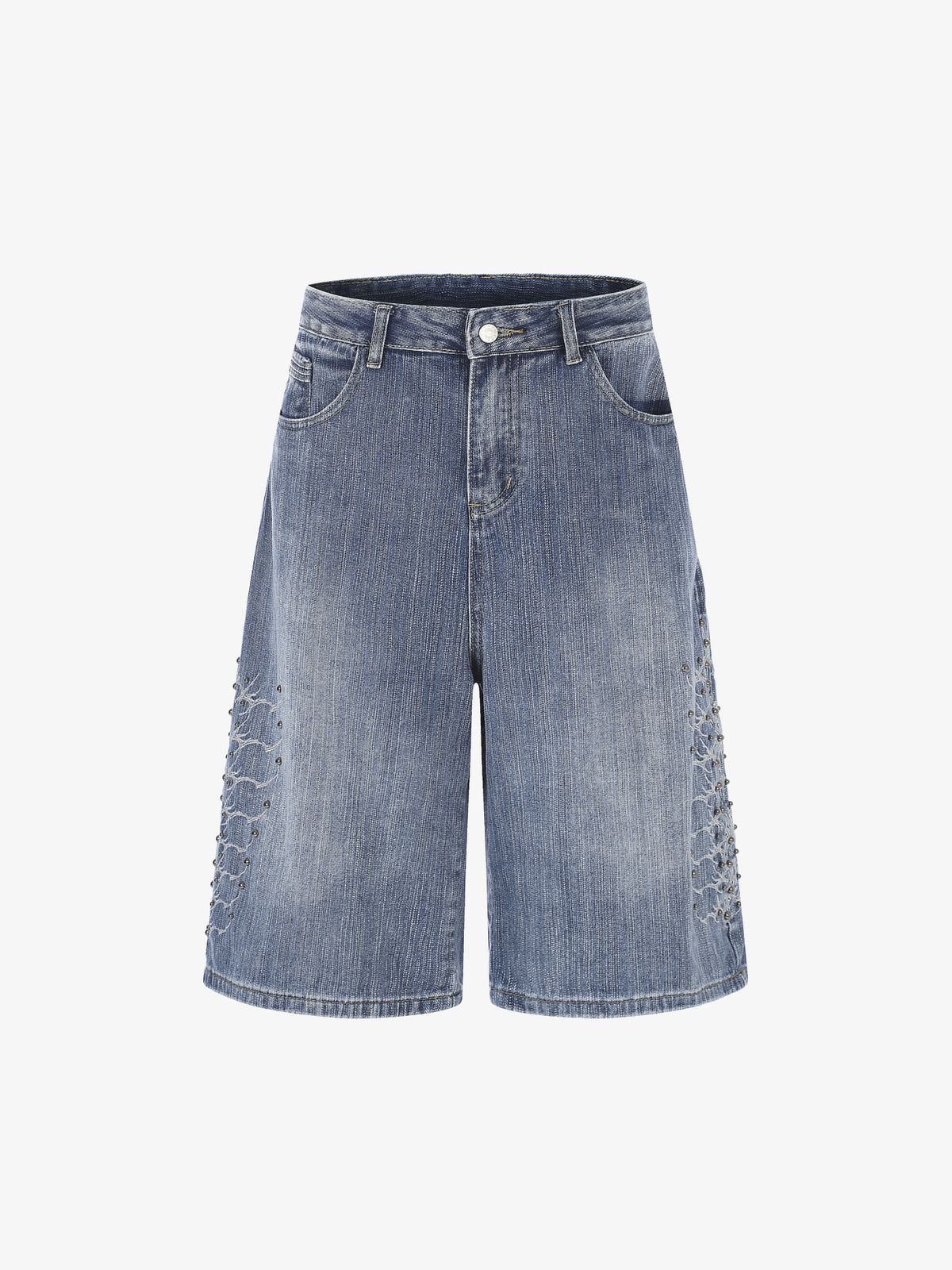 MEIM BEADED EMBROIDERY SHORTS; Blue; front view