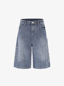 MEIM BEADED EMBROIDERY SHORTS; Blue; front view