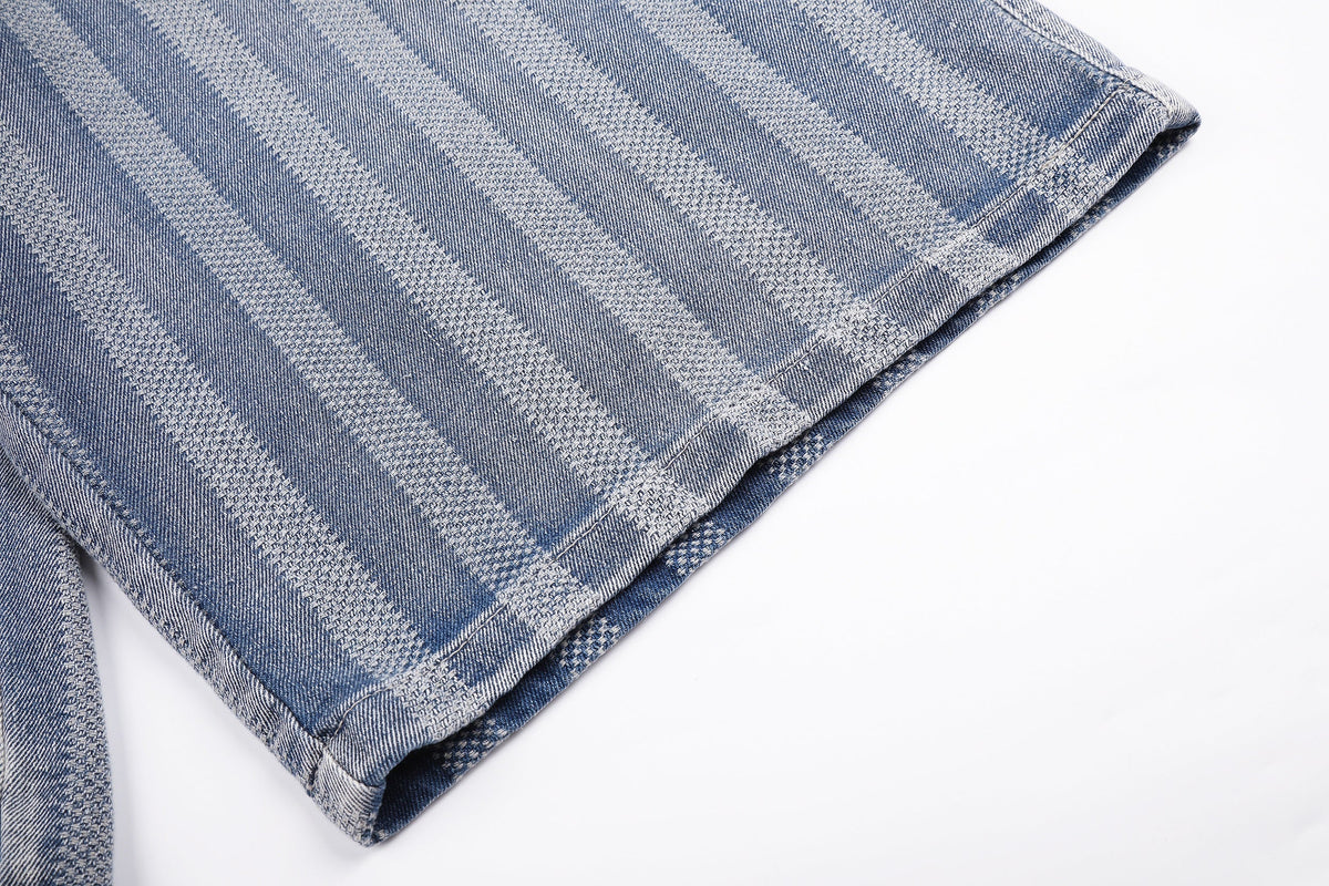 MEIM FADED PINSTRIPE JORTS; Blue; fabric detail
