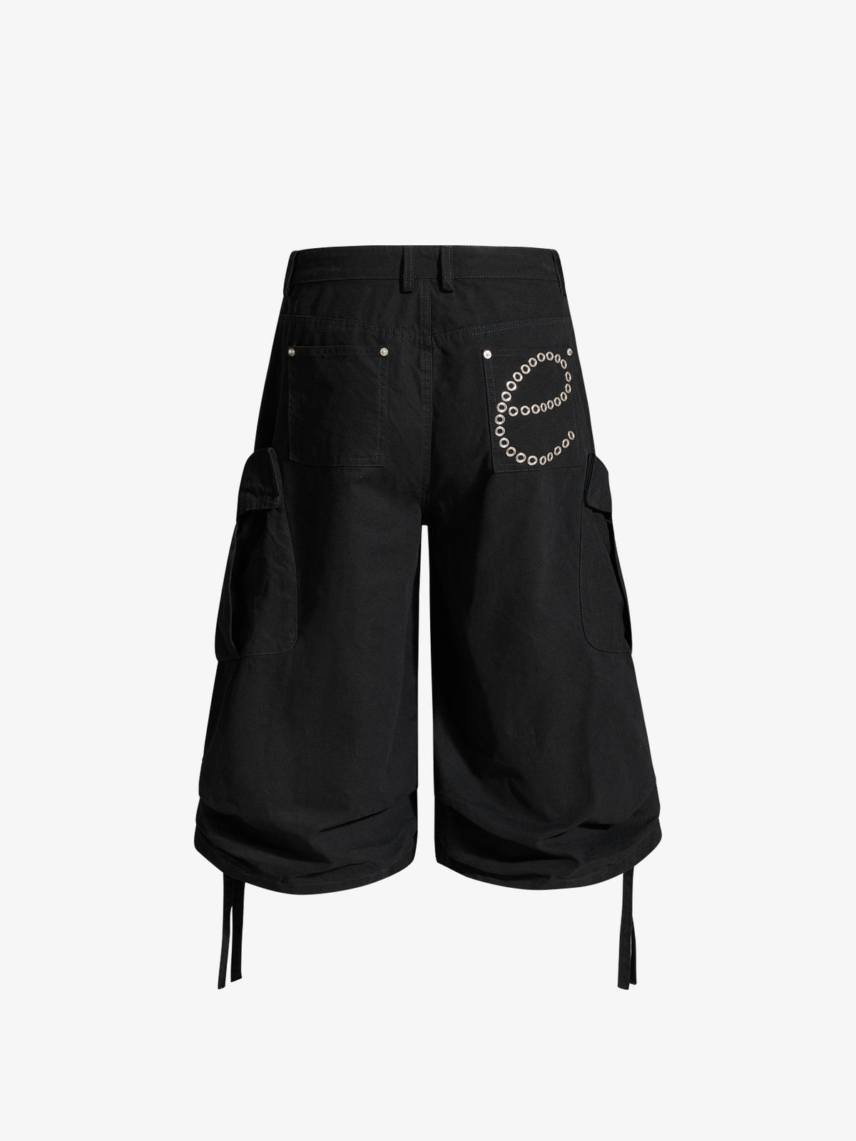 OREETA DRAWSTRING HEM CARGO SHORTS; Black; back view