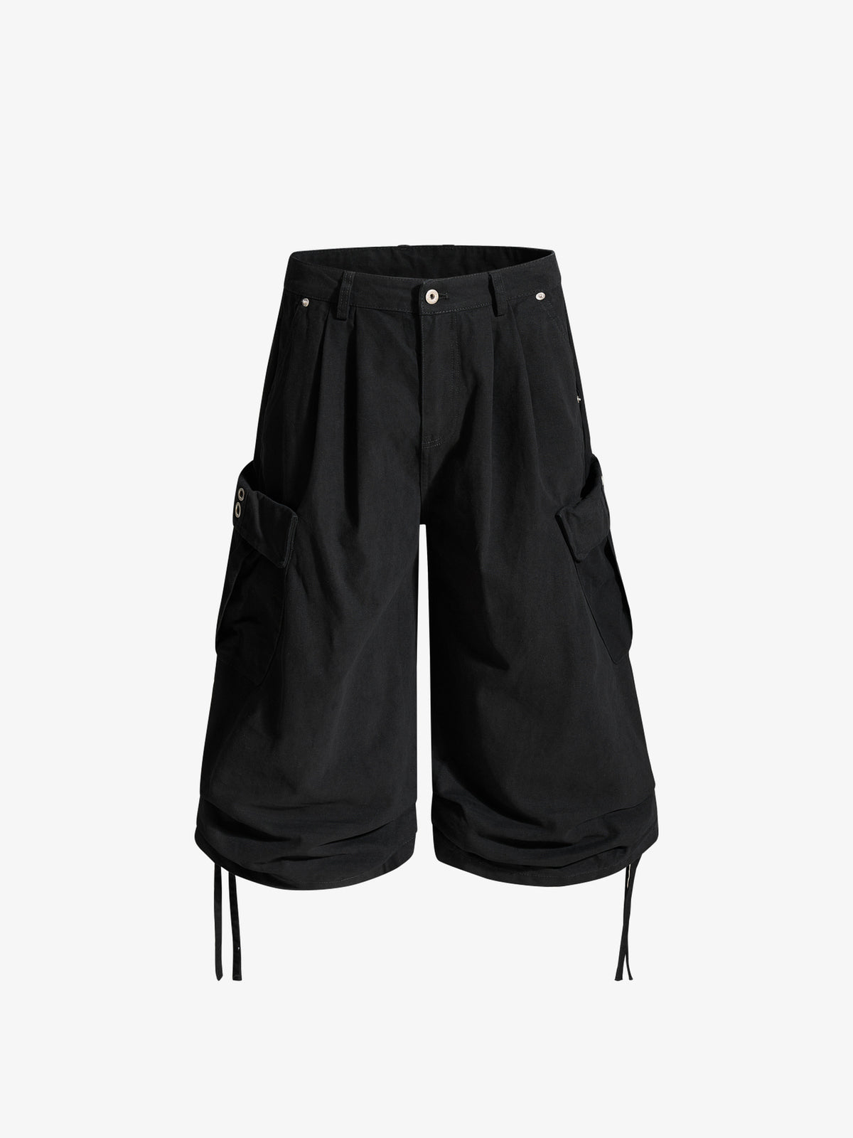 OREETA DRAWSTRING HEM CARGO SHORTS; Black; front view