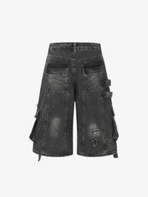 RVNTENG DISTRESSED STRAP LONGLINE JORTS; Black; back view