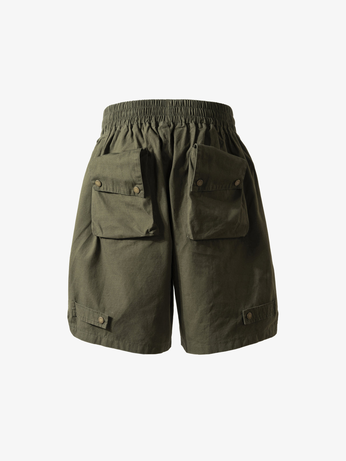 SOUNDLESS CLOUDBURST STACKED POCKET CARGO SHORTS; Olive; back view