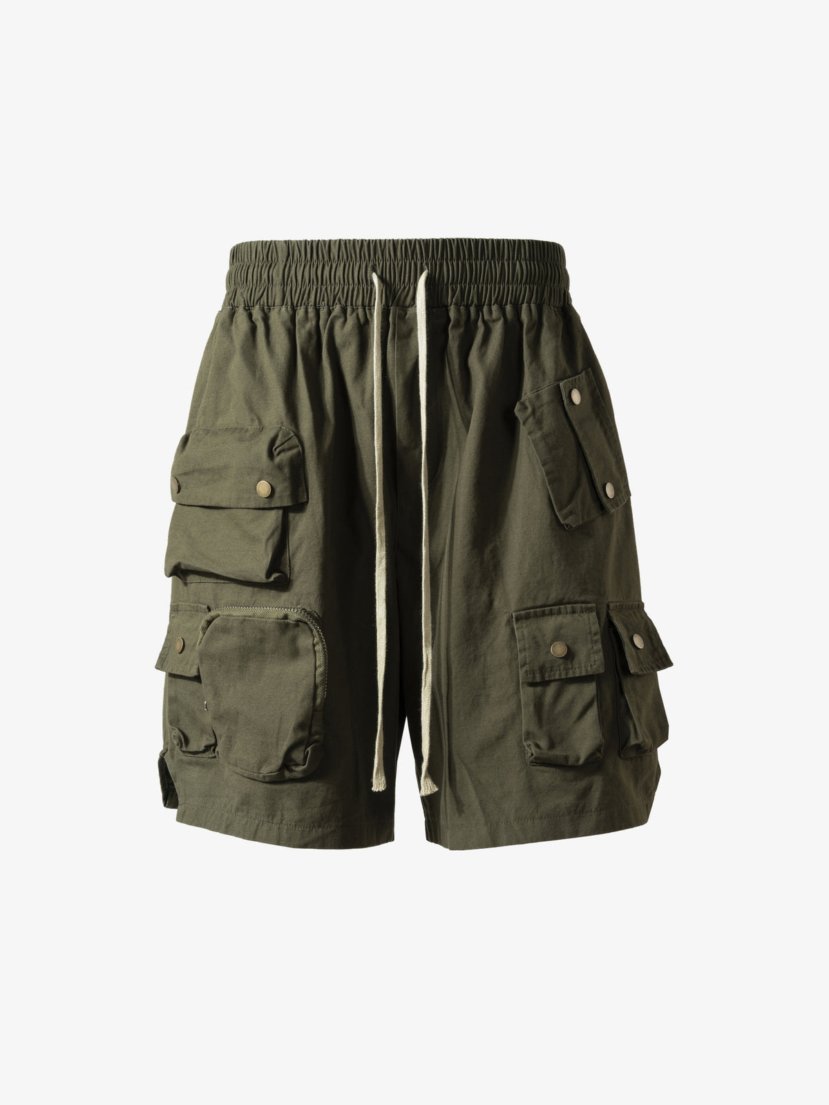 SOUNDLESS CLOUDBURST STACKED POCKET CARGO SHORTS; Olive; front view