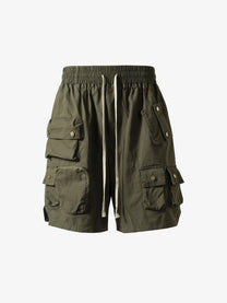 SOUNDLESS CLOUDBURST STACKED POCKET CARGO SHORTS; Olive; front view