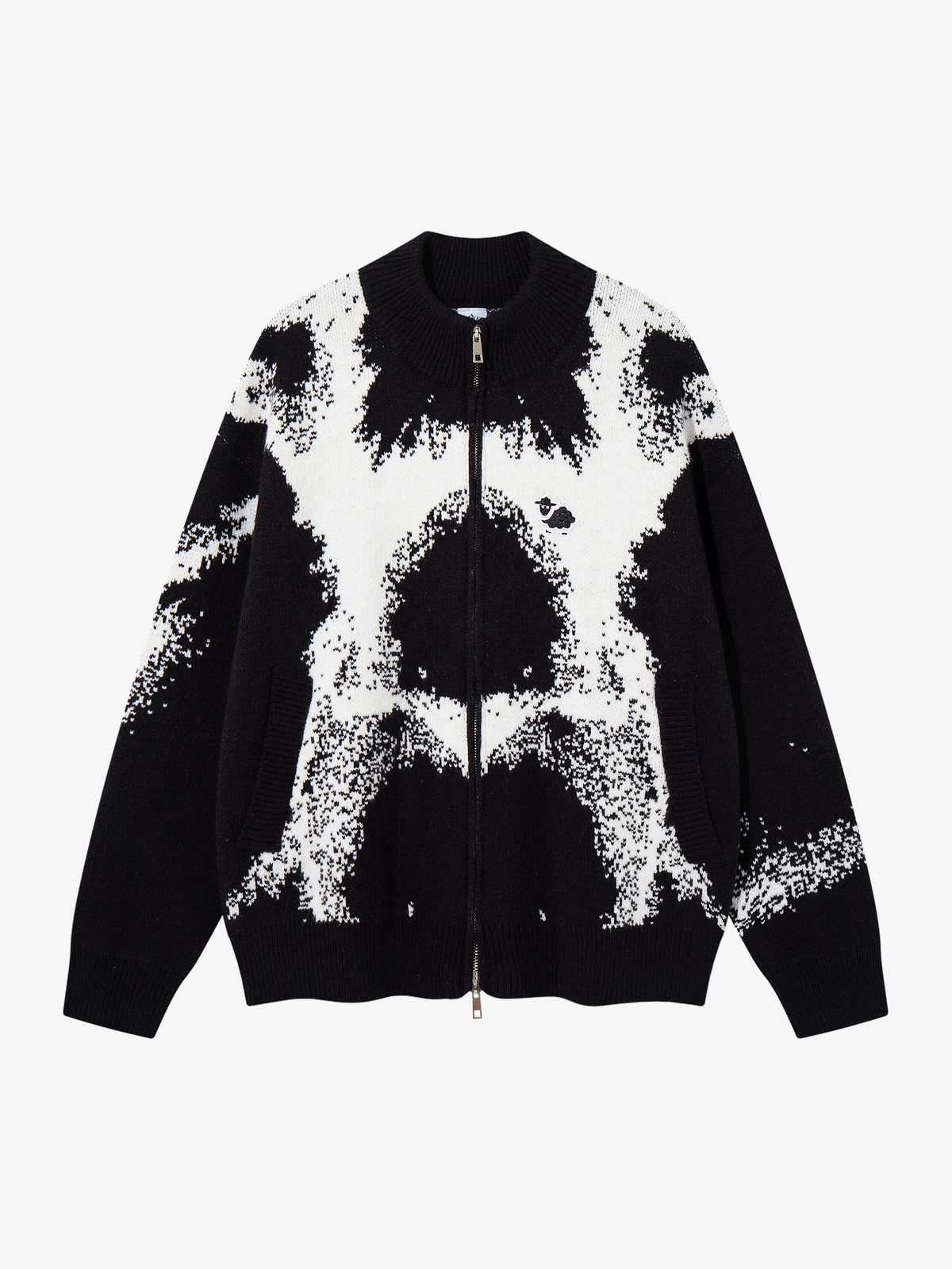 AK ANBULLET ABSTRACT SPLASH ZIP CARDIGAN; Black; front view