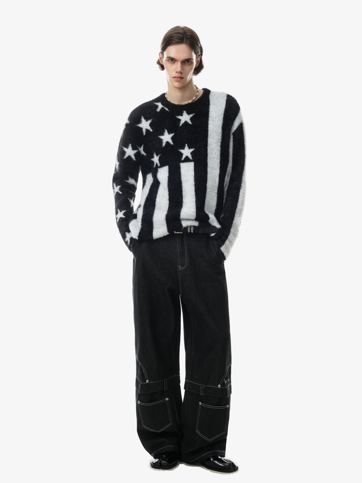 BLACK ENERGY STAR STRIPE FUZZY SWEATER; Black; model view