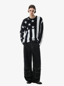 BLACK ENERGY STAR STRIPE FUZZY SWEATER; Black; model view
