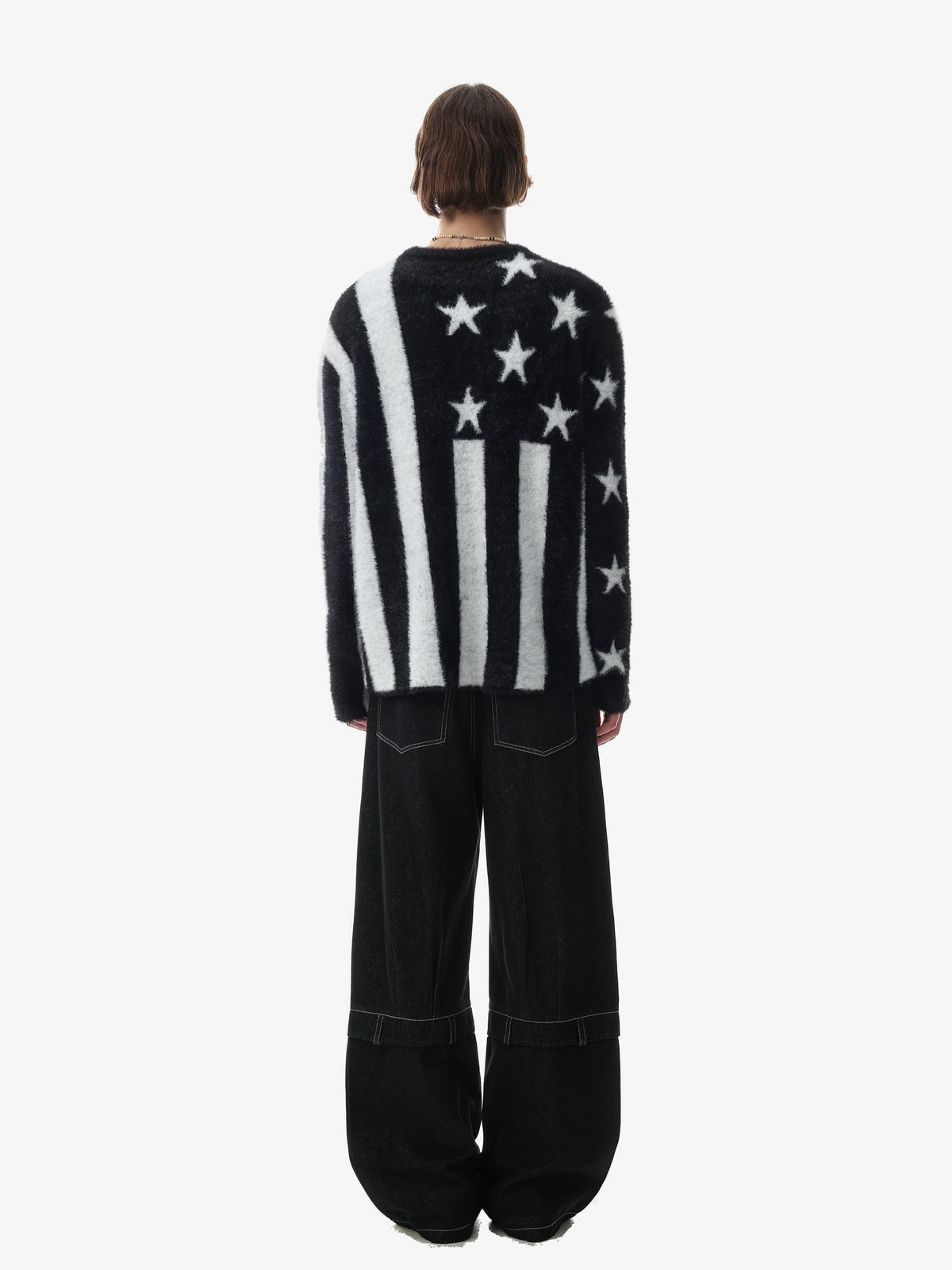 BLACK ENERGY STAR STRIPE FUZZY SWEATER; Black; model view
