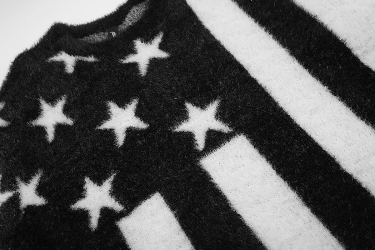 BLACK ENERGY STAR STRIPE FUZZY SWEATER; Black; design detail