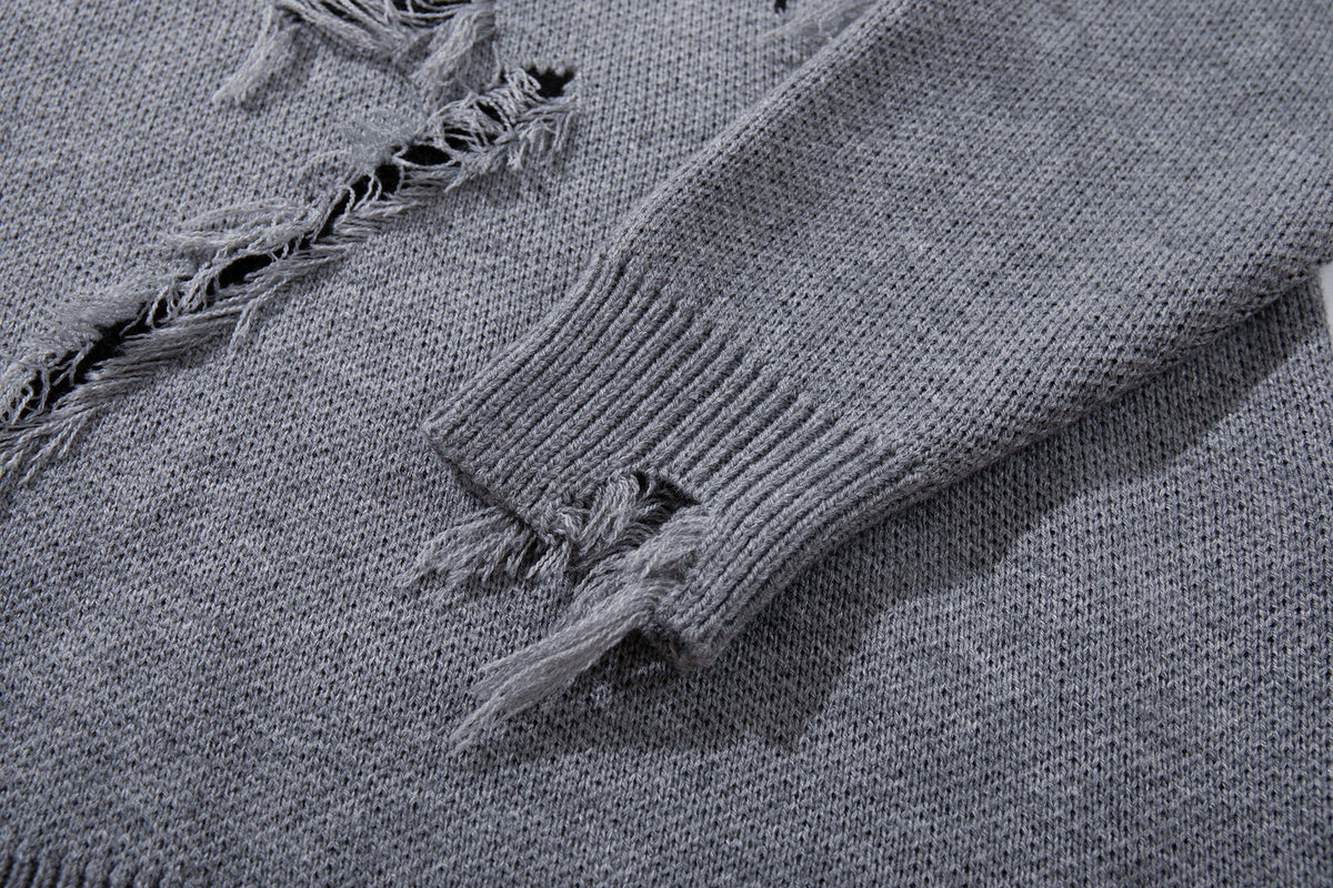 JKPTWSO DISTRESSED GOTHIC SCRIPT SWEATER; Gray; garment construction detail