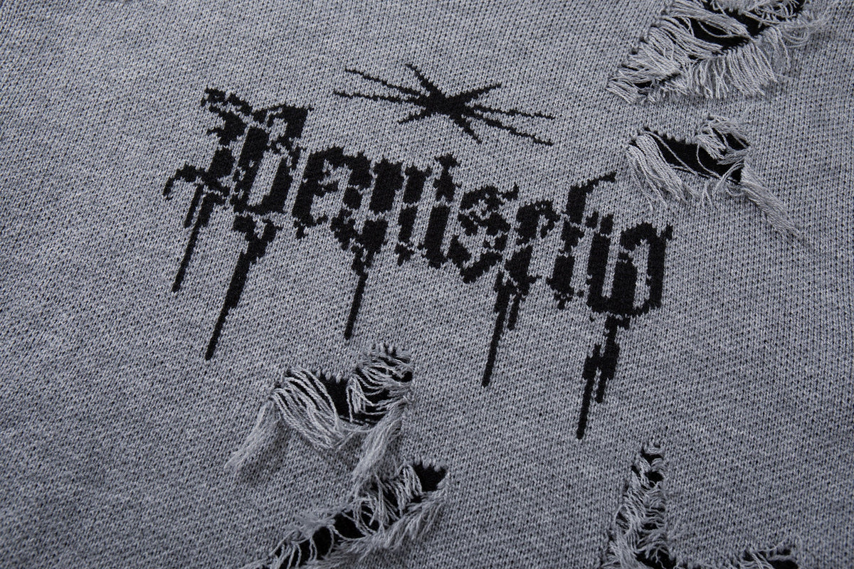 JKPTWSO DISTRESSED GOTHIC SCRIPT SWEATER; Gray; design detail