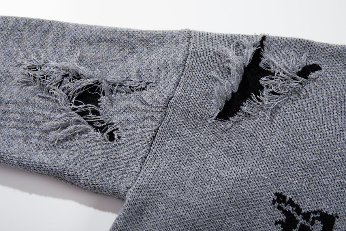 JKPTWSO DISTRESSED GOTHIC SCRIPT SWEATER; Gray; garment construction detail