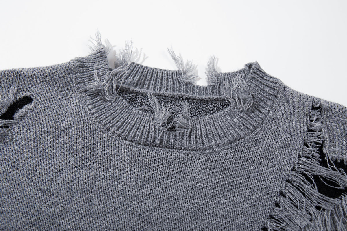 JKPTWSO DISTRESSED GOTHIC SCRIPT SWEATER; Gray; garment construction detail