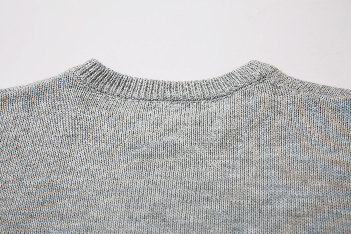 LETS ROCK GOTHIC CROSS DISTRESSED SWEATER; Gray; garment construction detail