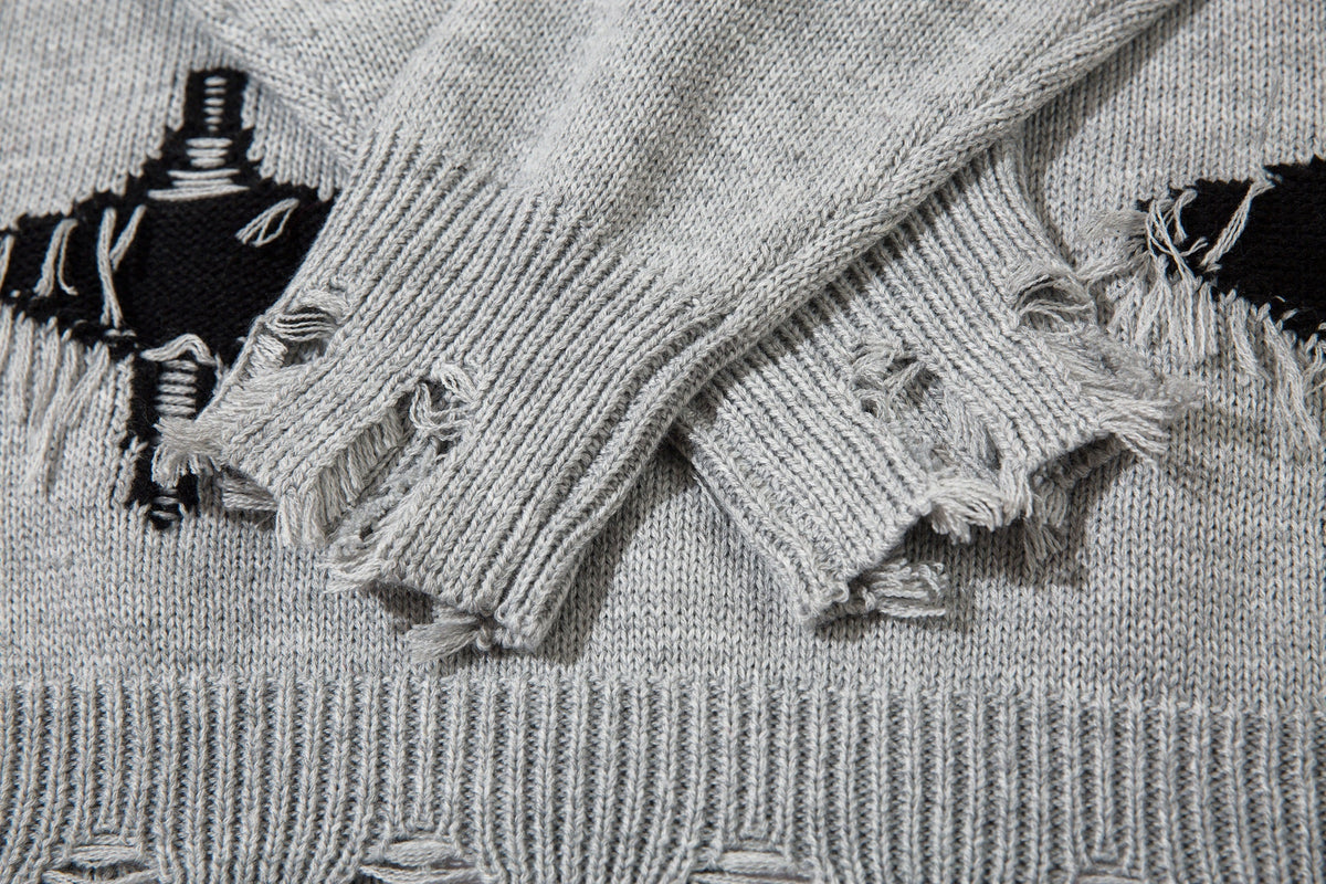 LETS ROCK GOTHIC CROSS DISTRESSED SWEATER; Gray; design detail