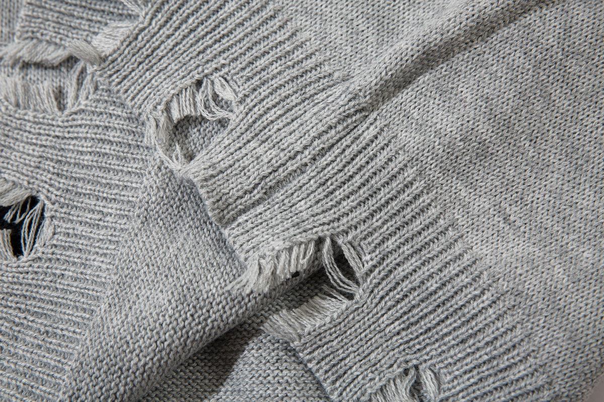 LETS ROCK GOTHIC CROSS DISTRESSED SWEATER; Gray; garment construction detail