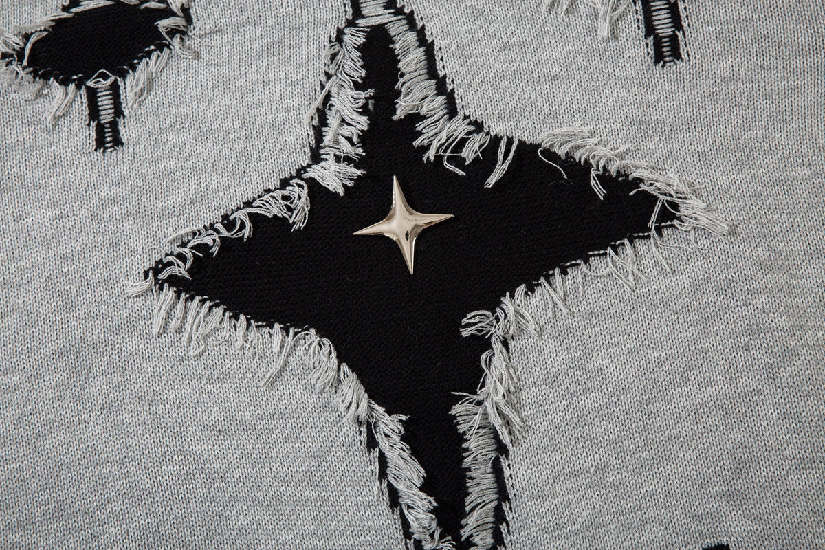 LETS ROCK GOTHIC CROSS DISTRESSED SWEATER; Gray; design detail
