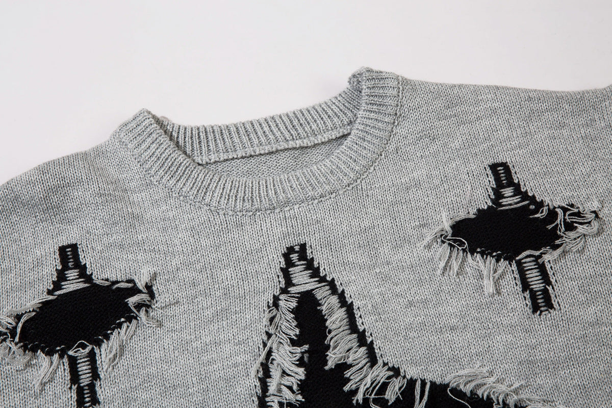 LETS ROCK GOTHIC CROSS DISTRESSED SWEATER; Gray; design detail
