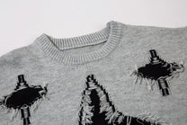 LETS ROCK GOTHIC CROSS DISTRESSED SWEATER; Gray; design detail