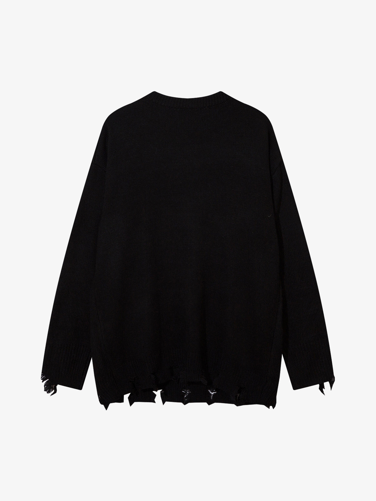 LETS ROCK GOTHIC CROSS DISTRESSED SWEATER; Black; back view