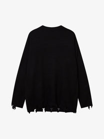 LETS ROCK GOTHIC CROSS DISTRESSED SWEATER; Black; back view