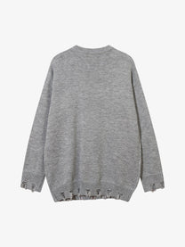 LETS ROCK GOTHIC CROSS DISTRESSED SWEATER; Gray; back view