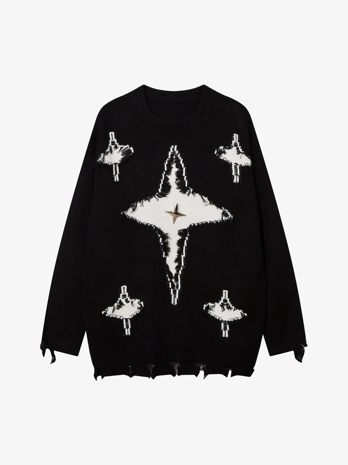LETS ROCK GOTHIC CROSS DISTRESSED SWEATER; Black; front view