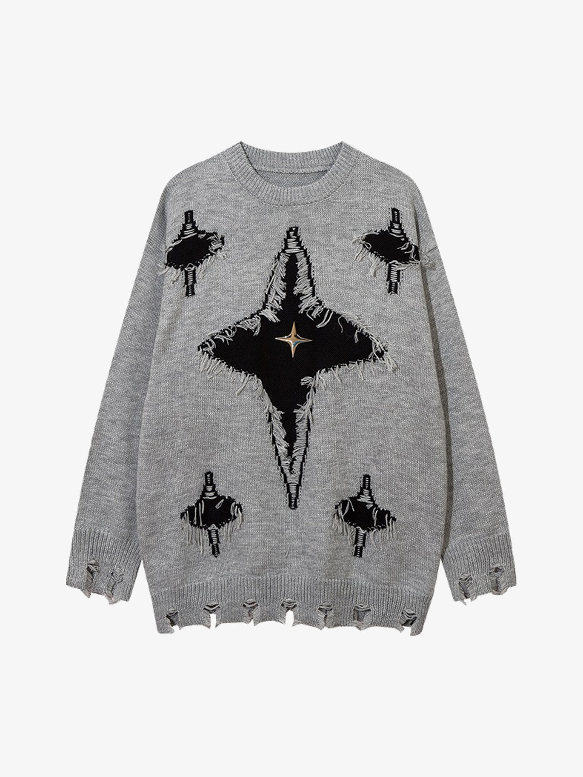 LETS ROCK GOTHIC CROSS DISTRESSED SWEATER; Gray; front view