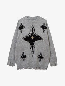 LETS ROCK GOTHIC CROSS DISTRESSED SWEATER; Gray; front view