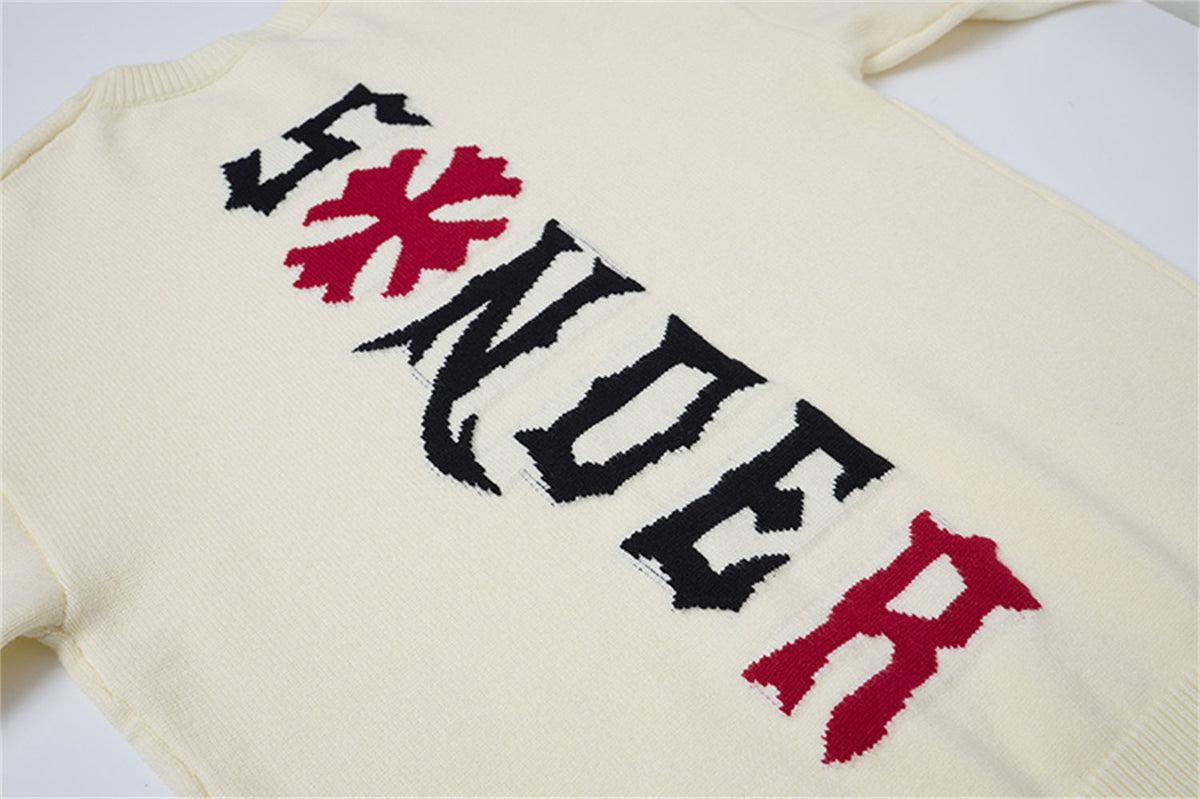LETS ROCK VERTICAL LETTER CROSS SWEATER; Beige; design detail