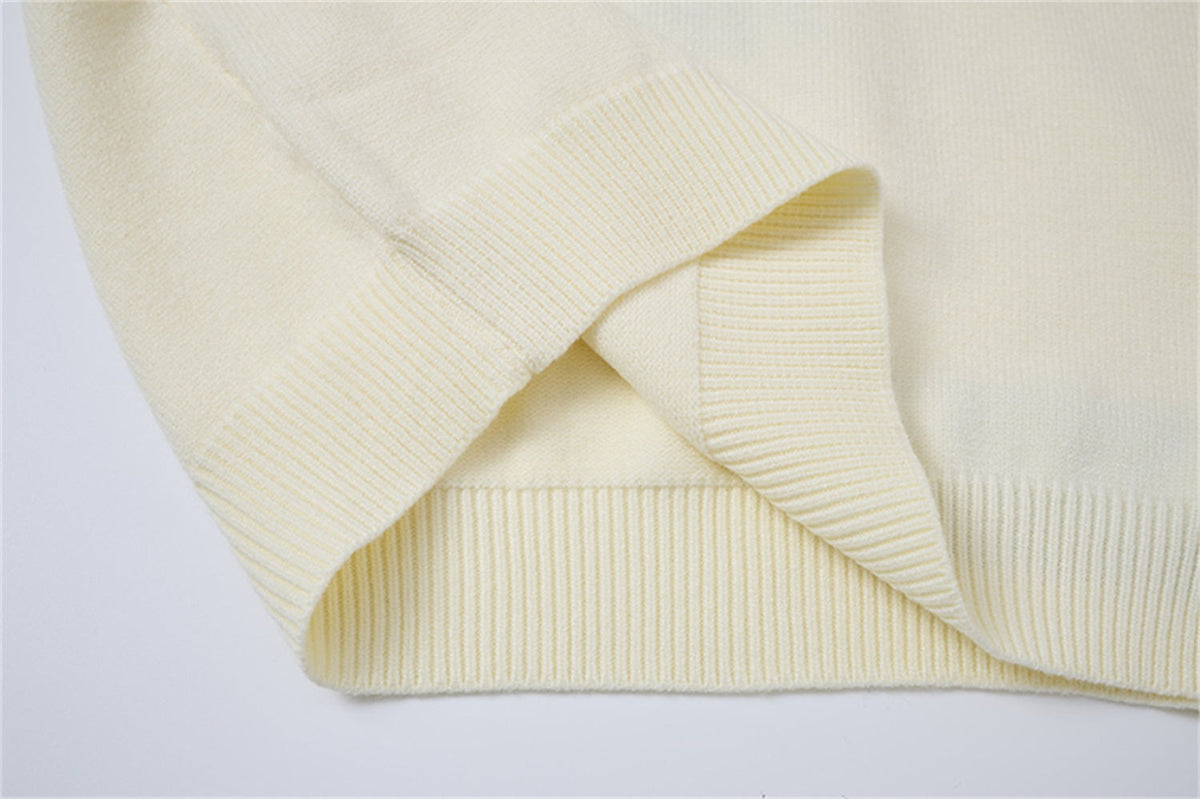 LETS ROCK VERTICAL LETTER CROSS SWEATER; Beige; garment construction detail