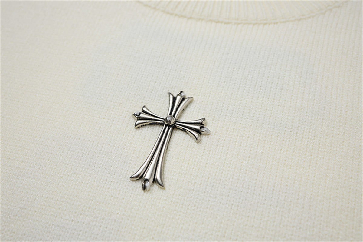 LETS ROCK VERTICAL LETTER CROSS SWEATER; Beige; design detail