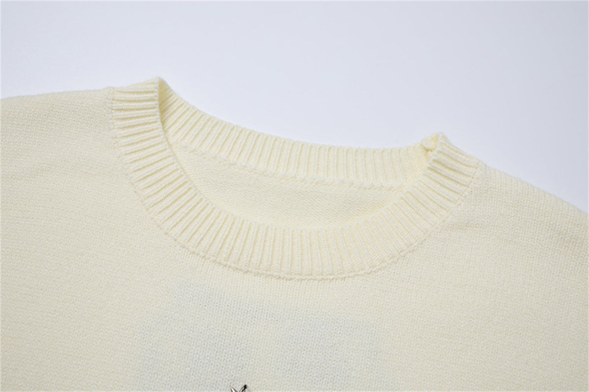 LETS ROCK VERTICAL LETTER CROSS SWEATER; Beige; garment construction detail