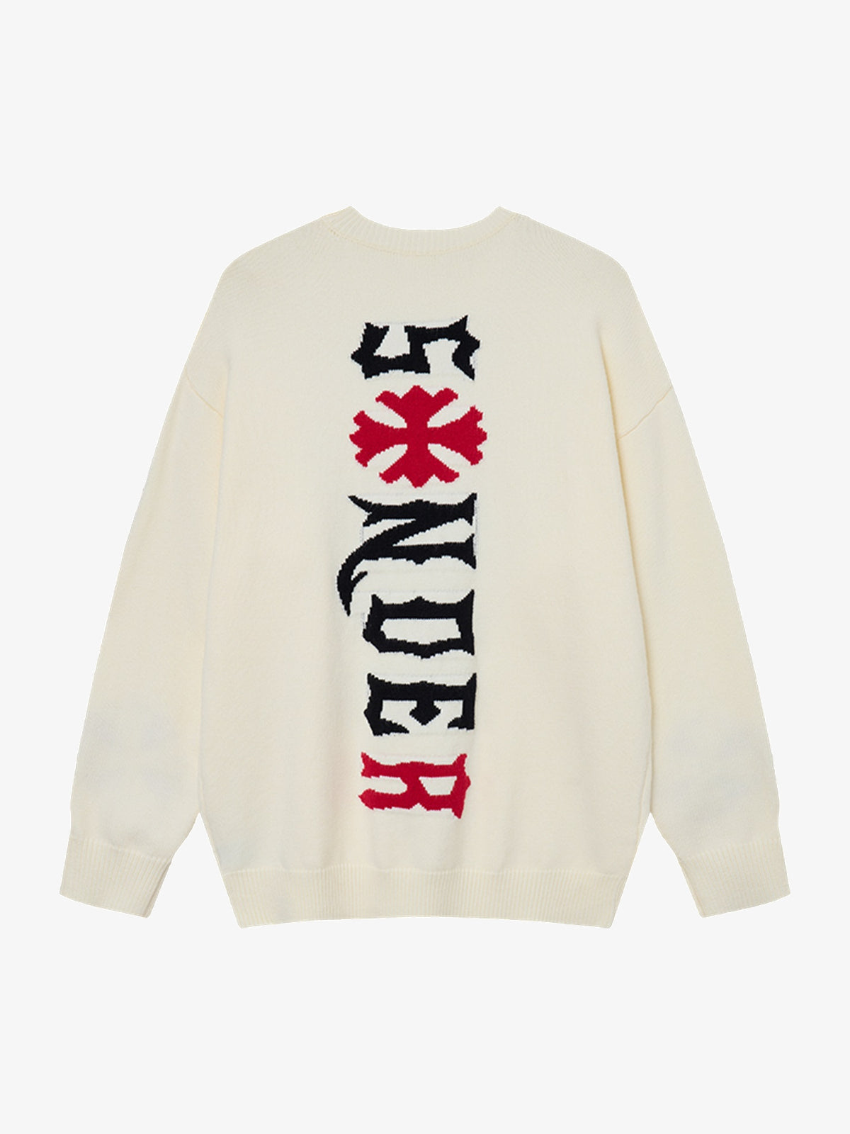 LETS ROCK VERTICAL LETTER CROSS SWEATER; Beige; back view