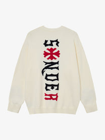 LETS ROCK VERTICAL LETTER CROSS SWEATER; Beige; back view