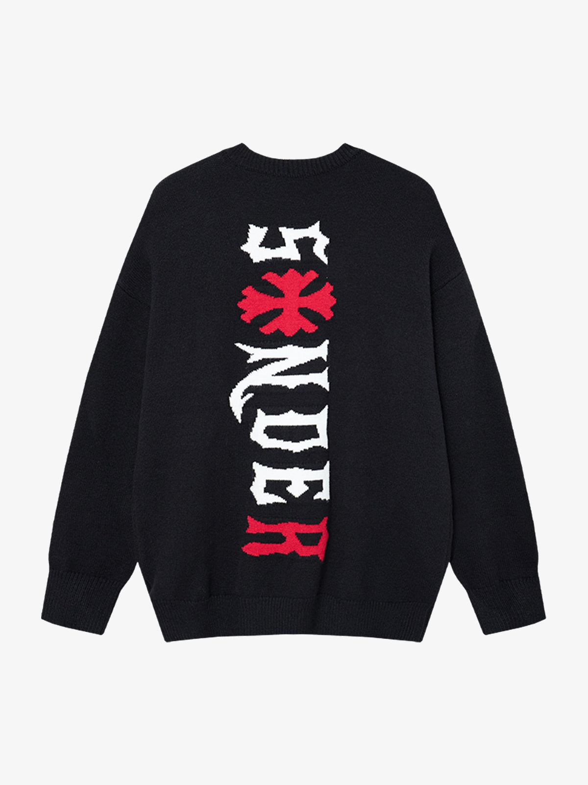 LETS ROCK VERTICAL LETTER CROSS SWEATER; Black; back view