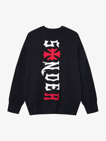LETS ROCK VERTICAL LETTER CROSS SWEATER; Black; back view