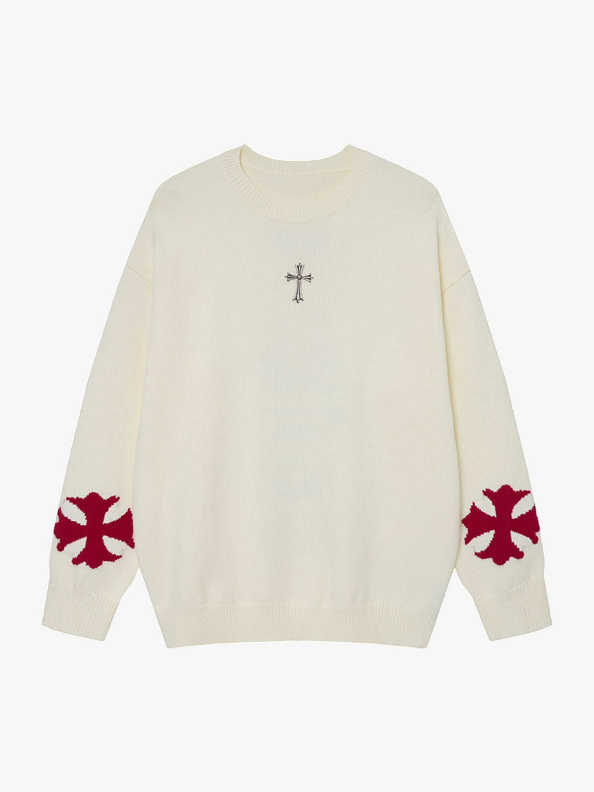 LETS ROCK VERTICAL LETTER CROSS SWEATER; Beige; front view