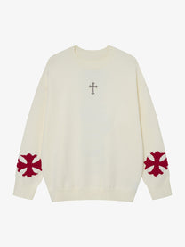 LETS ROCK VERTICAL LETTER CROSS SWEATER; Beige; front view