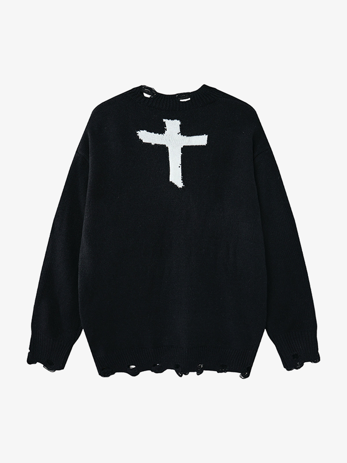 LETS ROCK DISTRESSED CROSS MOTIF SWEATER; Black; back view