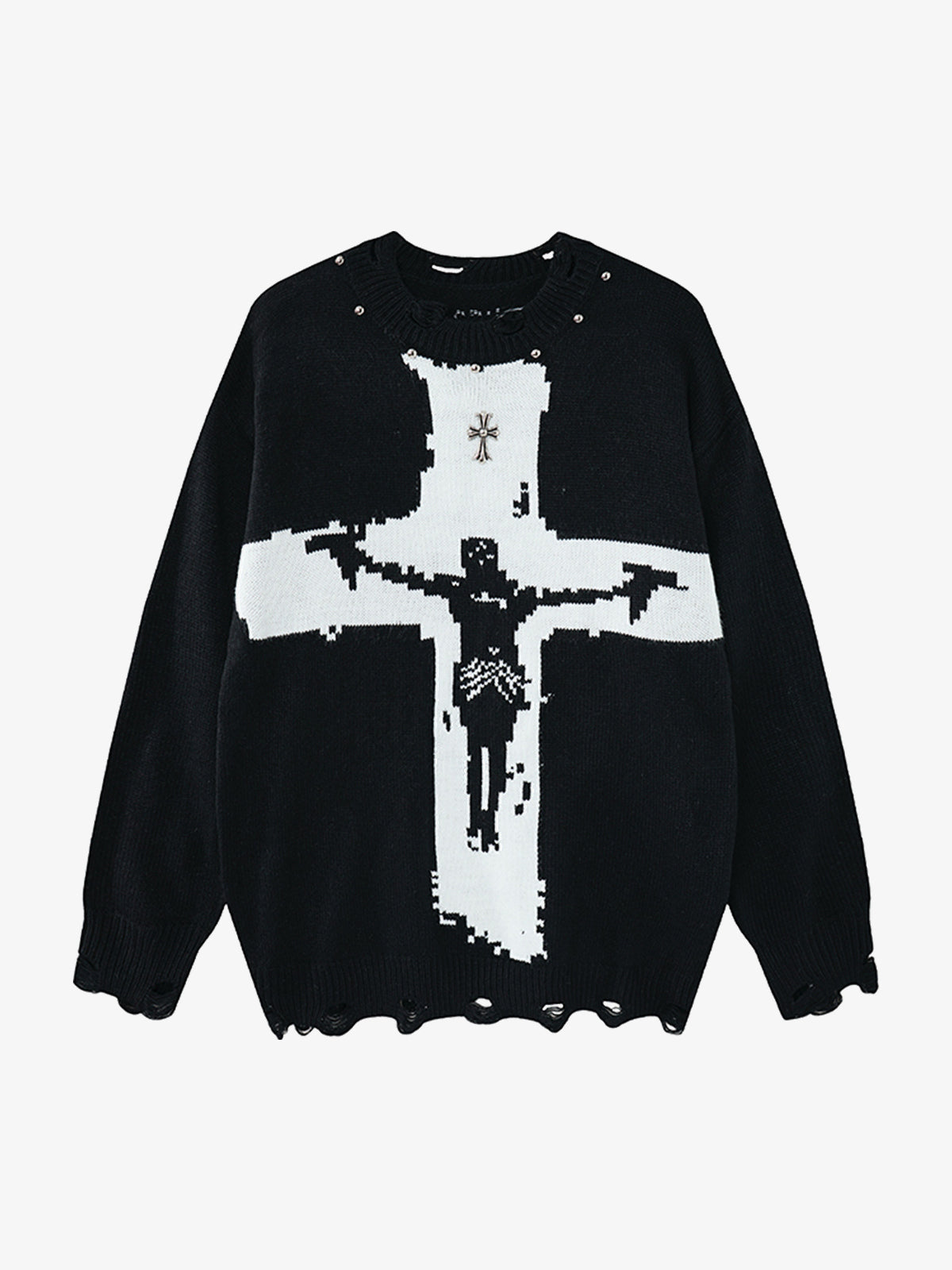 LETS ROCK DISTRESSED CROSS MOTIF SWEATER; Black; front view