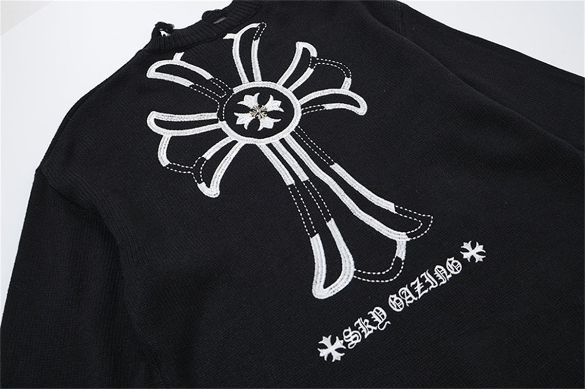LETS ROCK CROSS EMBLEM DISTRESSED SWEATER; Black; design detail