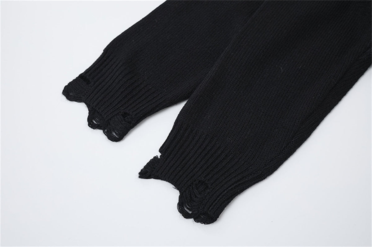LETS ROCK CROSS EMBLEM DISTRESSED SWEATER; Black; garment construction detail