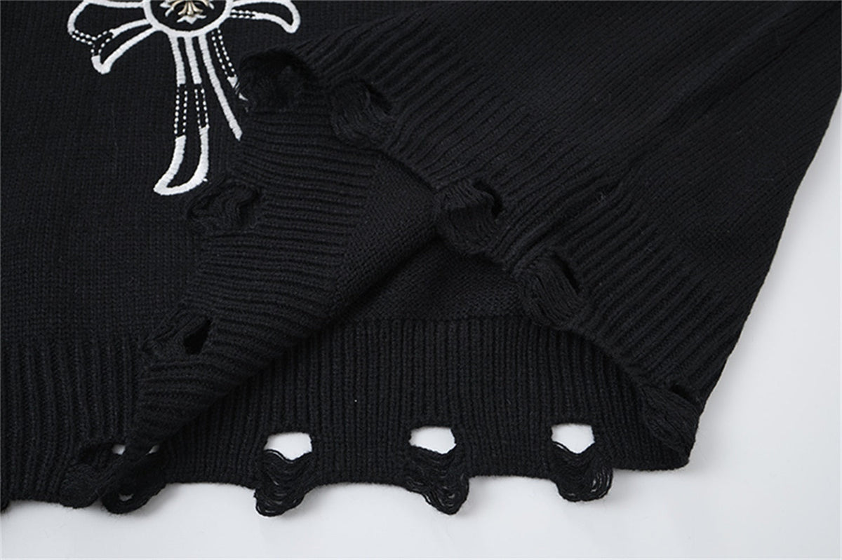LETS ROCK CROSS EMBLEM DISTRESSED SWEATER; Black; garment construction detail