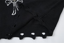 LETS ROCK CROSS EMBLEM DISTRESSED SWEATER; Black; garment construction detail