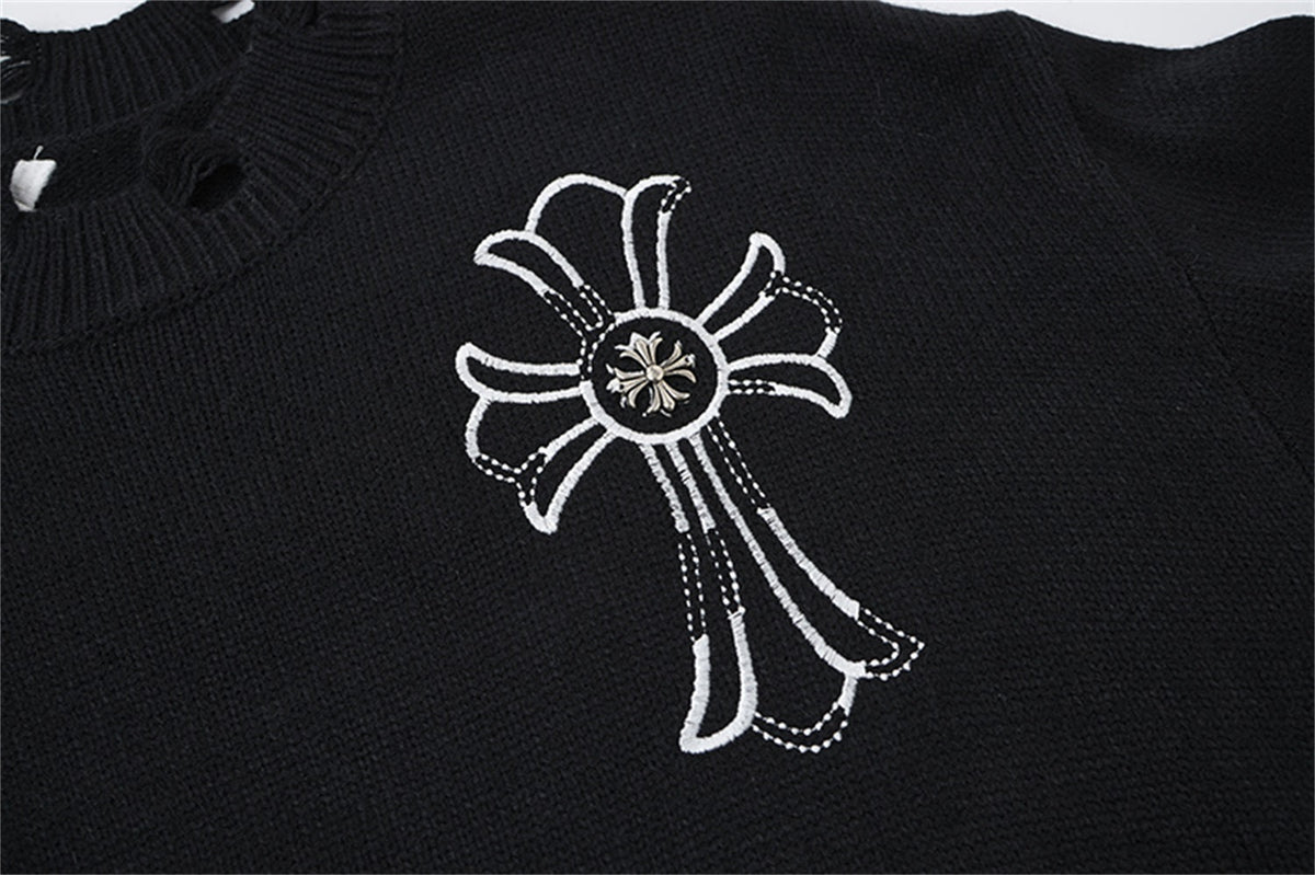 LETS ROCK CROSS EMBLEM DISTRESSED SWEATER; Black; design detail