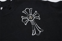 LETS ROCK CROSS EMBLEM DISTRESSED SWEATER; Black; design detail